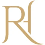 ROYVIS logo, Design combining the letters "R and H" in golden letters on a white background.