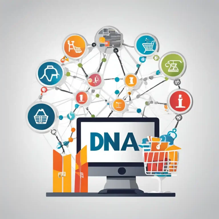 Image showing a screen with the word DNA on it, next to it a shopping basket, and bags containing products, surrounded by icons for the shopping basket, information center, and telephone support.