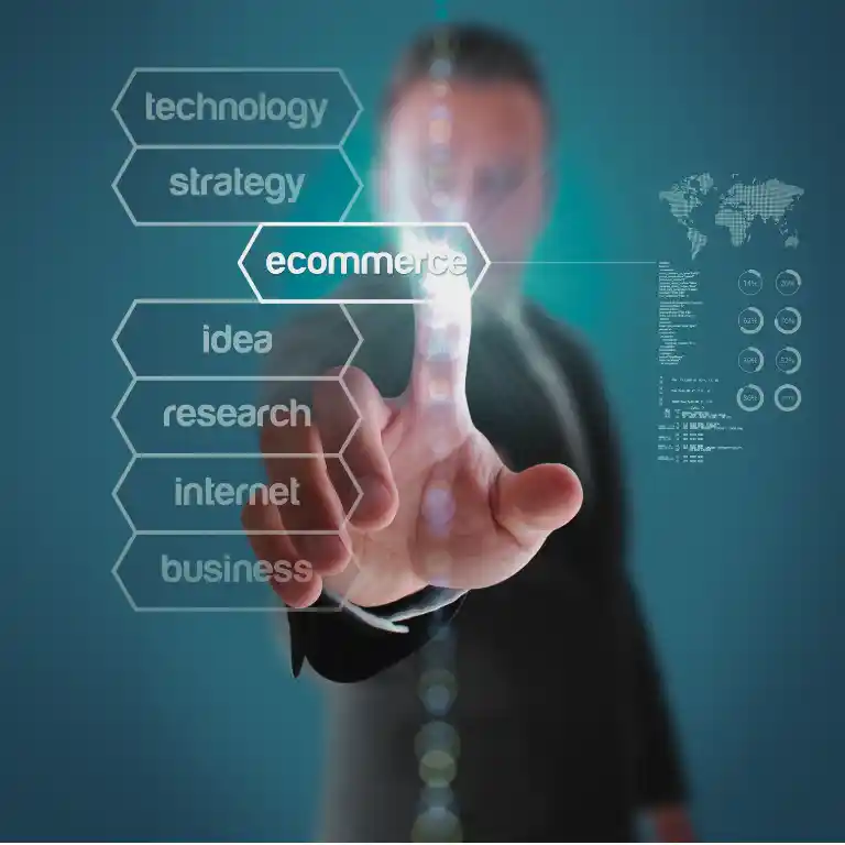 A person in a suit touches a virtual interface with the word "ecommerce" highlighted, surrounded by terms like technology, strategy, idea, research, internet, and business.