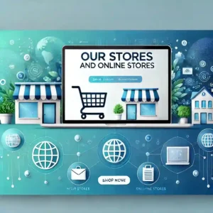 A visually appealing banner for 'Our Stores and Online Stores' designed for a UVN LTD website. The design contain feature icons like a storefront, a shopping center.