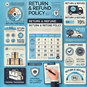 visually appealing infographic for an online store's Return and Refund Policy. The design include icons like a calendar for return timeframe.