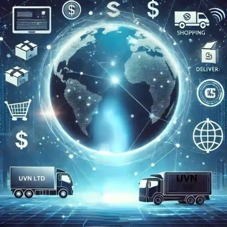 Globe surrounded by e-commerce icons, shopping cart, parcels, dollar signs, and below are two shipping trucks with the UVN LTD company logo.